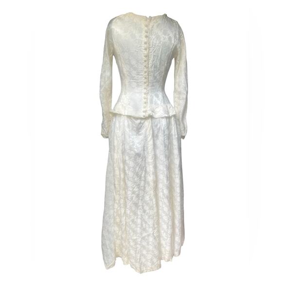 Vtg Creamy White Satin Brocade Button Front Peplum Back Victorian Coquette Dress - Picture 3 of 8